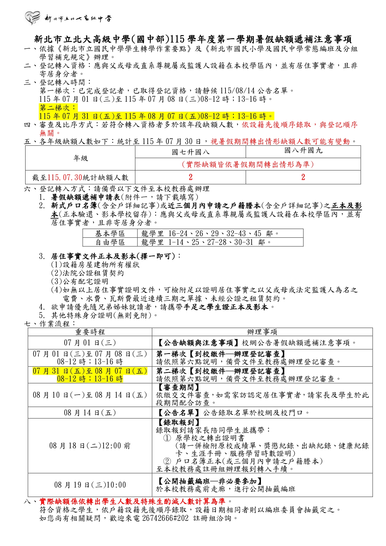 115學年度暑假缺額遞補第二次